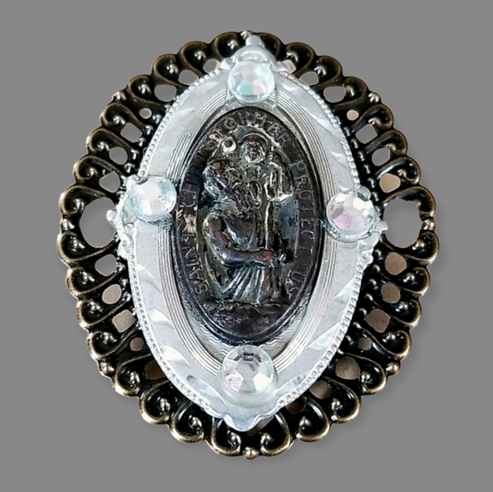 Hand Crafted Repurposed Vintage Saint Christopher Relic Brooch Pin